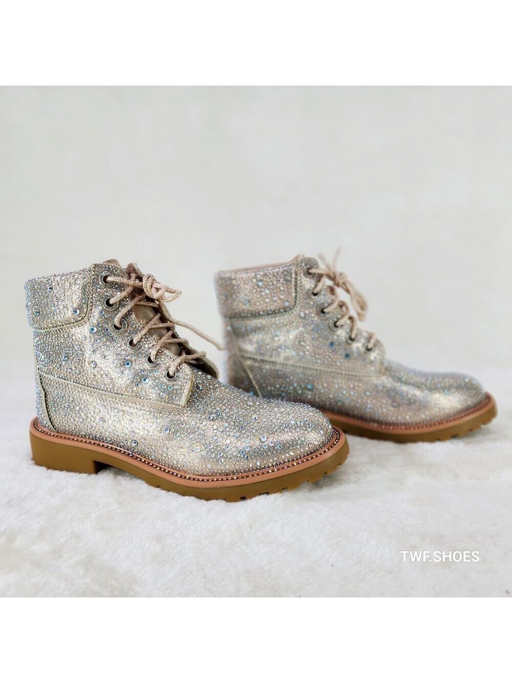 NIB Wonder Sparkling Rhinestone Combat Ankle Boots Metallic Rose Gold Champagne - Picture 9 of 12